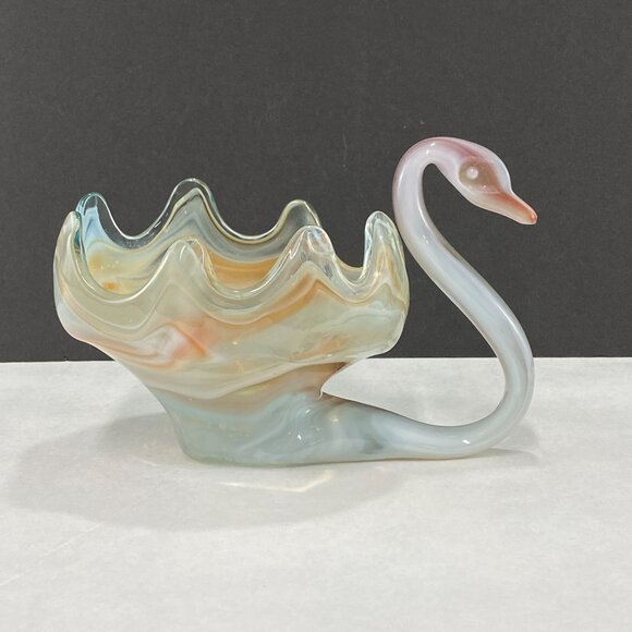 Vintage Blown Art Glass Swan Bowl Sooner Style Orange White - Picture 3 of 10